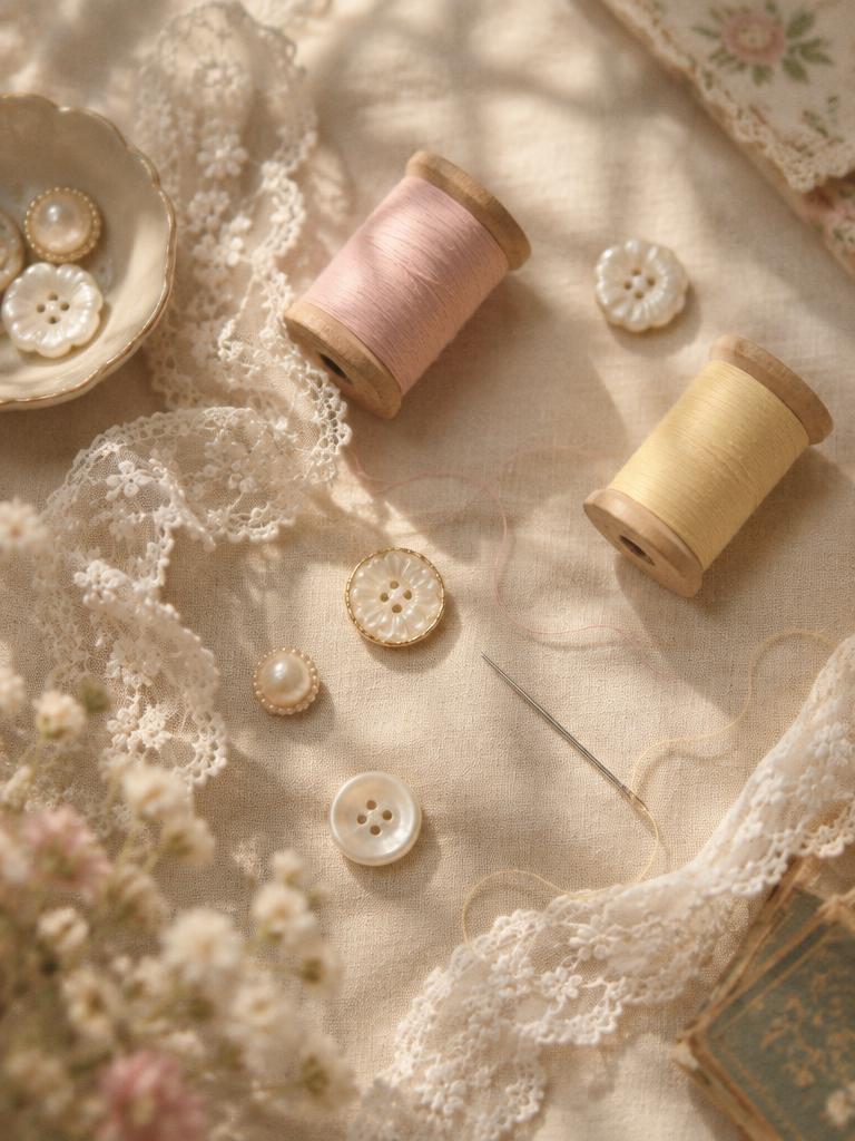 Pastel thread spools, lace, and buttons laid out on cream linen